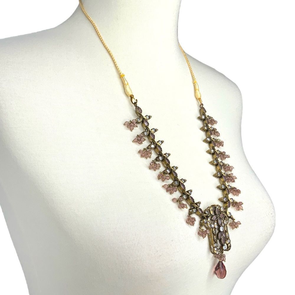 Rhinestone and beads brown & burgundy adjustable necklace - Picture 3 of 11